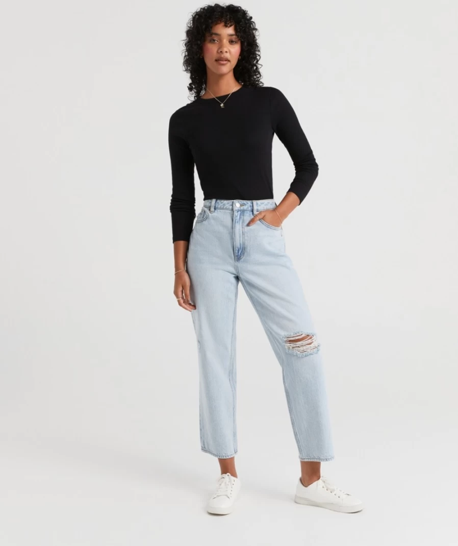 Sportsgirl Women's Cloud Blue Ripped Crop Straight Leg Jeans