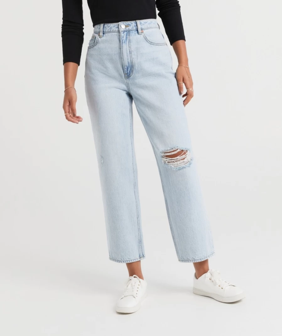 Sportsgirl Women's Cloud Blue Ripped Crop Straight Leg Jeans