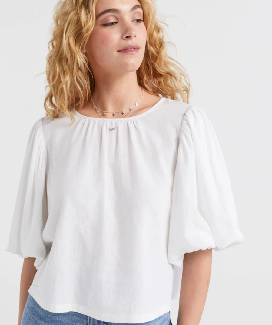 Sportsgirl Women's White Linen Blend Volume Sleeve Top