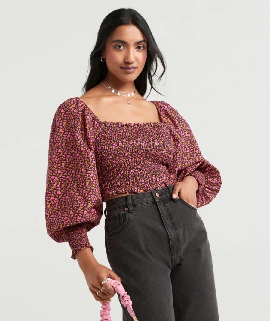 Sportsgirl Women's Pink Floral Callie Shirred Long Sleeve Blouse