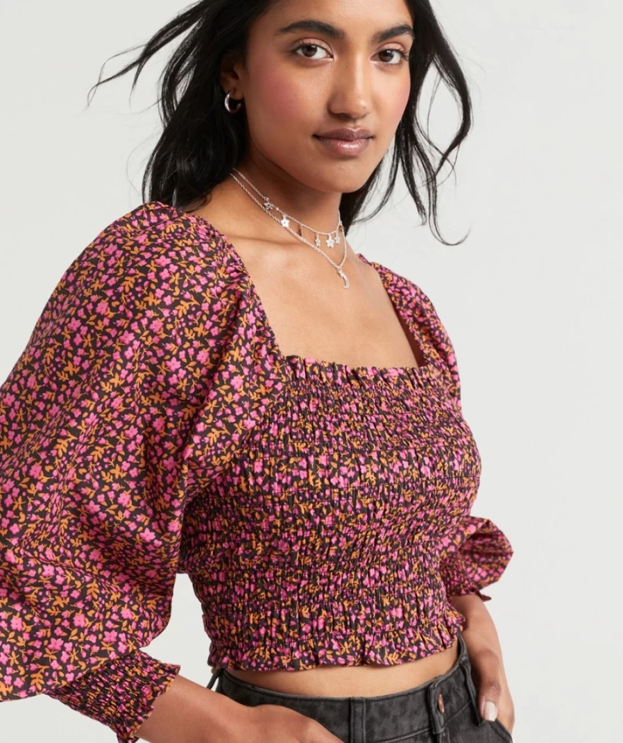 Sportsgirl Women's Pink Floral Callie Shirred Long Sleeve Blouse