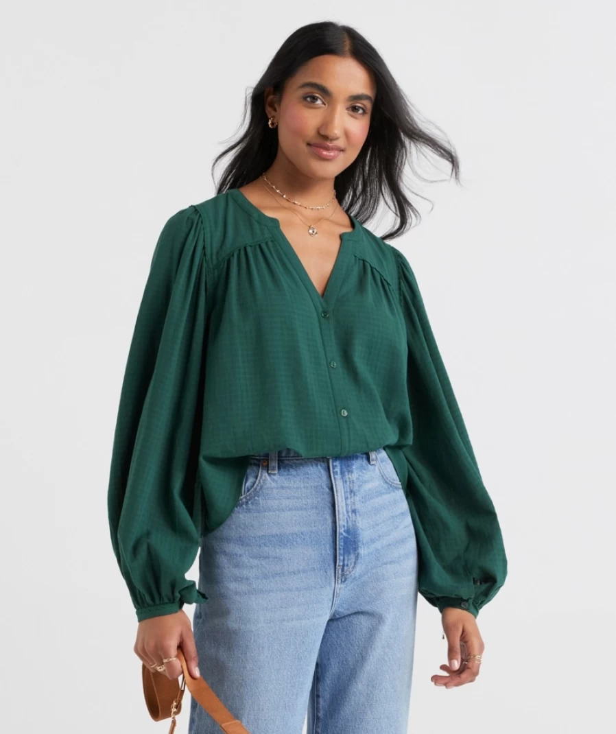 "Sportsgirl Women's Forest Green Textured Button Through Blouse"