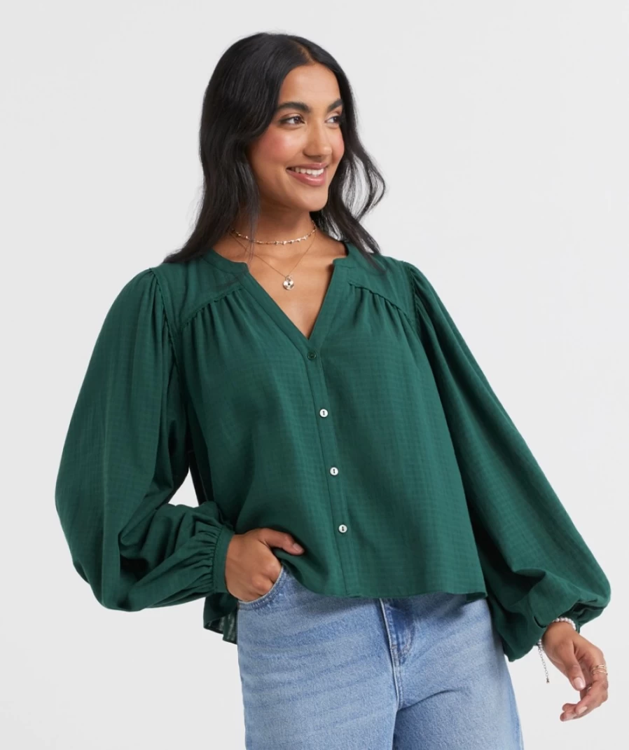 "Sportsgirl Women's Forest Green Textured Button Through Blouse"