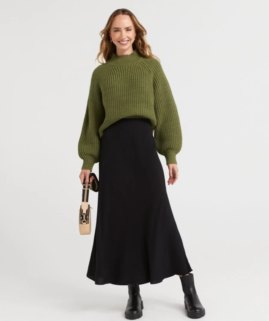 Sportsgirl Women's Black Harley Crepe Midi Skirt - Flowy Mid-Length Style