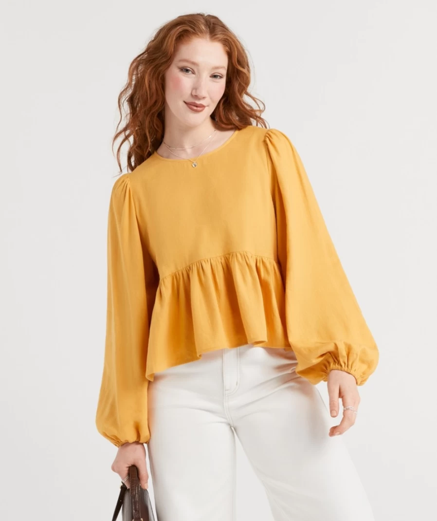 Sportsgirl Women's Mustard Linen Peplum Top - Amira Style Casual Blouse