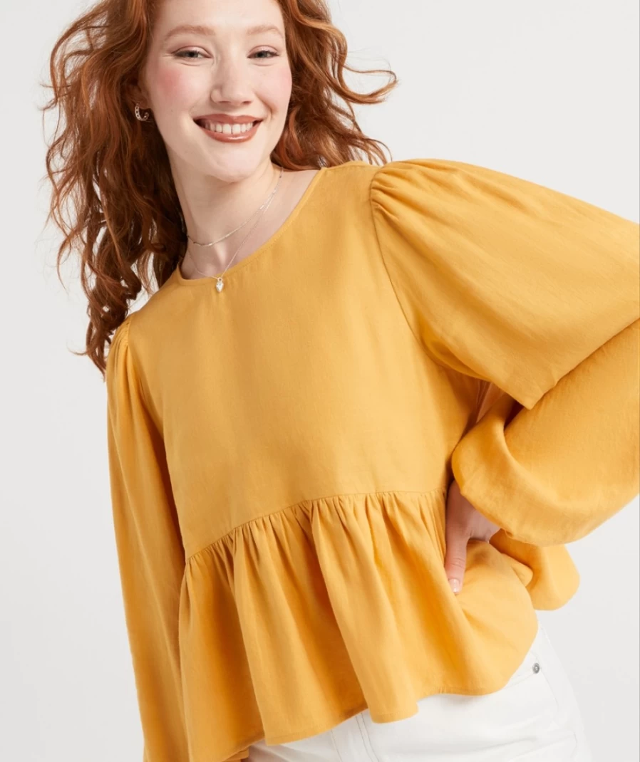 Sportsgirl Women's Mustard Linen Peplum Top - Amira Style Casual Blouse