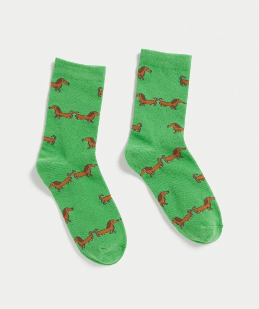Sportsgirl Women's Green Sausage Dog Crew Socks - Happy Tails Fun Ankle Socks