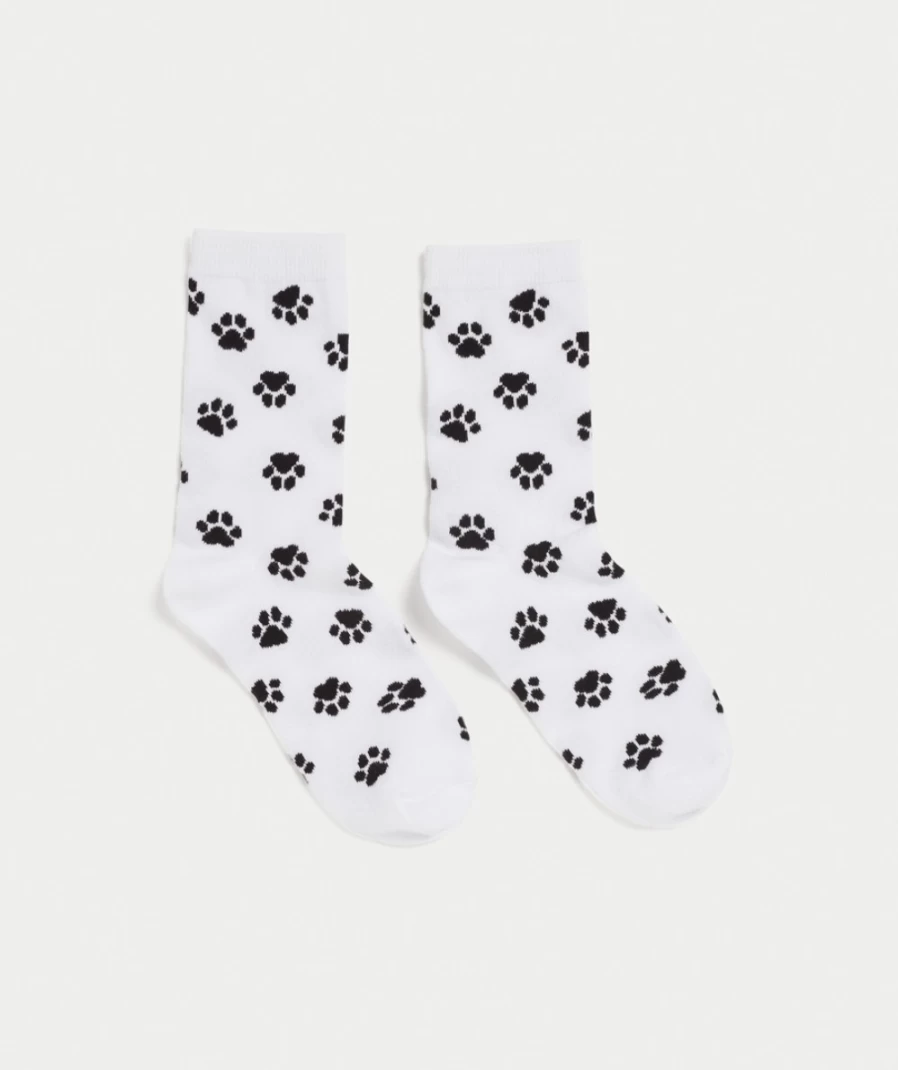 Women's White Paw Print Crew Socks by Sportsgirl - Fun Animal Design Casual Socks