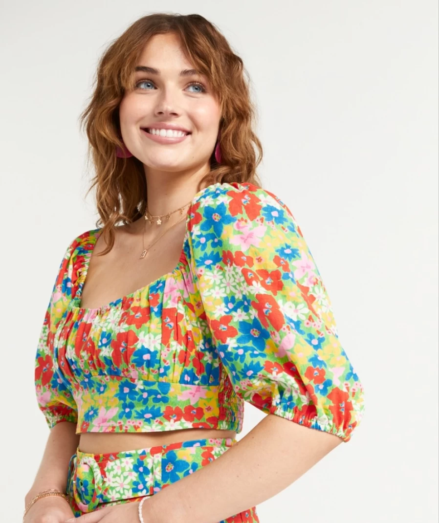 Sportsgirl Women's Floral Linen Ruched Front Top Presley Style