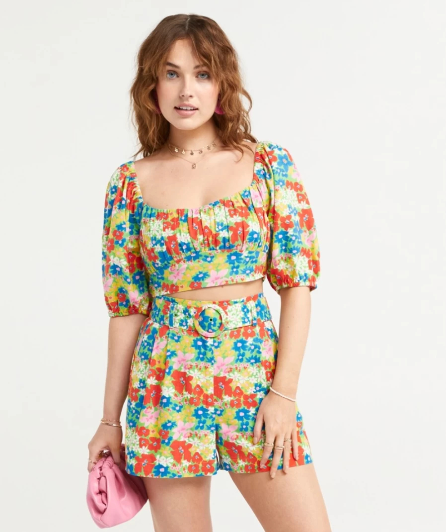Sportsgirl Women's Floral Linen Ruched Front Top Presley Style