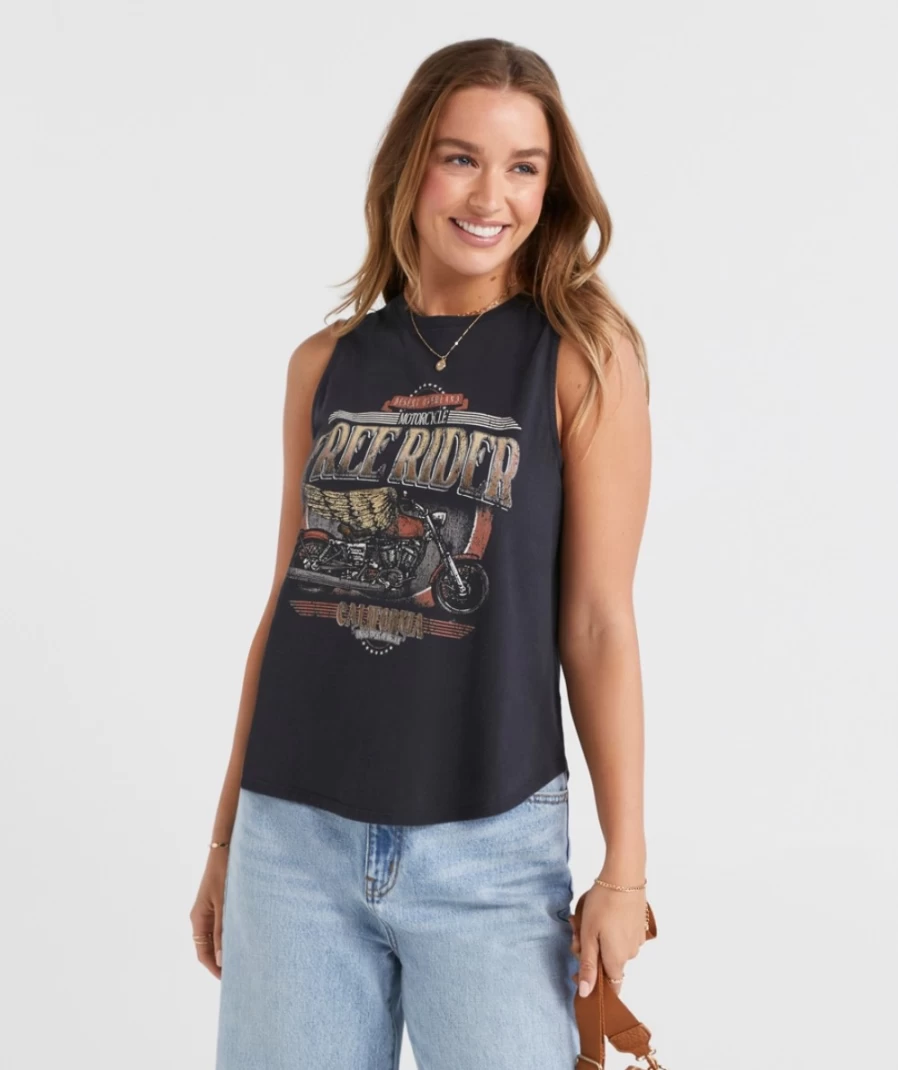 Sportsgirl Women's Washed Black Free Rider Graphic Tank Top