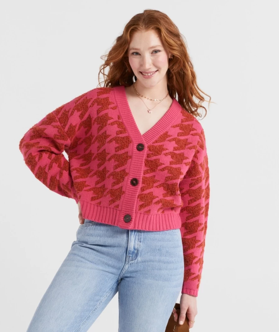 Sportsgirl Women's Houndstooth Knit Cardigan - Alice Style Cozy Sweater
