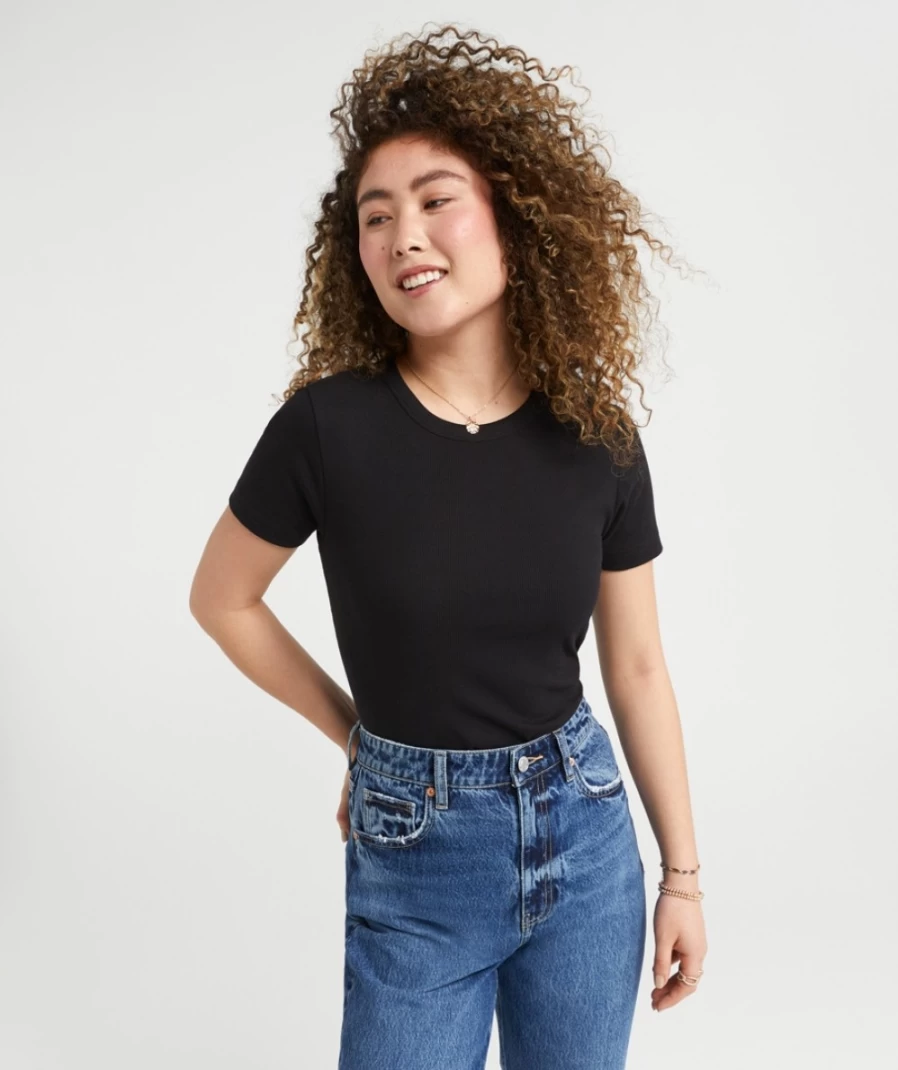 Sportsgirl Women's Black Ribbed Baby Tee - Stylish Casual T-Shirt
