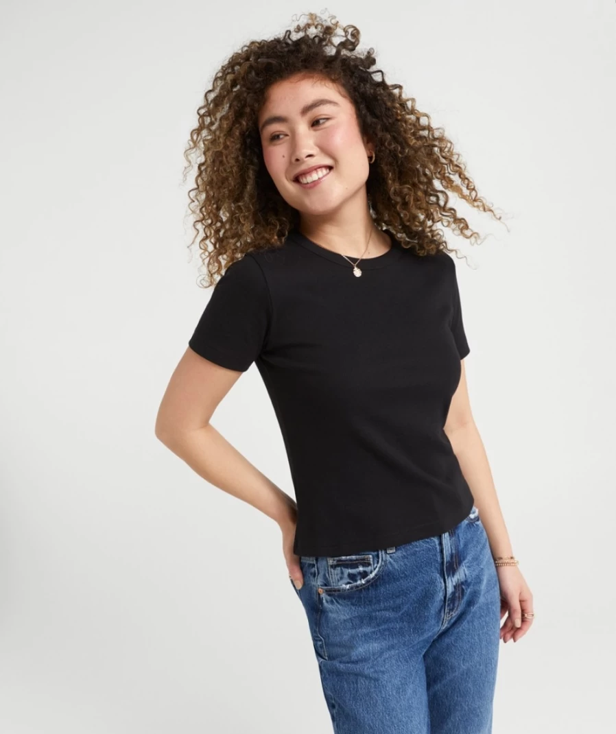 Sportsgirl Women's Black Ribbed Baby Tee - Stylish Casual T-Shirt