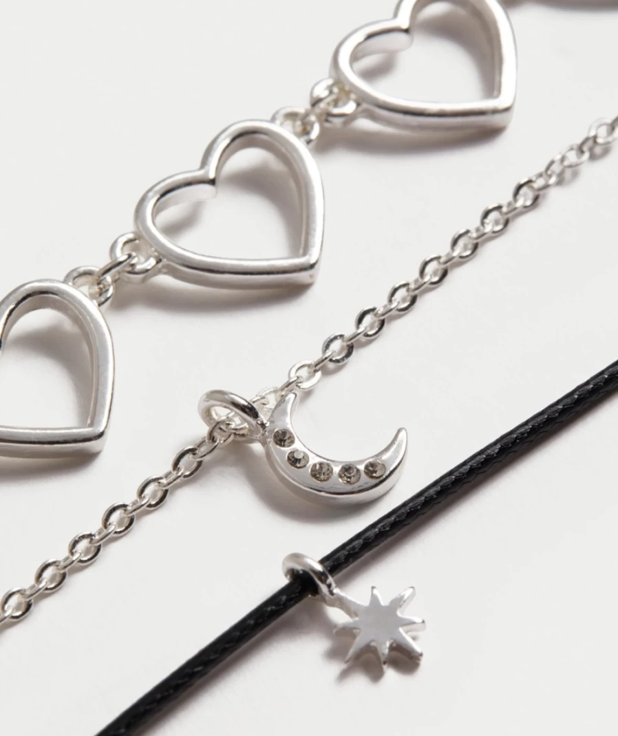 Sportsgirl Women's Rhodium Heart Choker Necklace Pack - Trendy Layered Chokers for Women