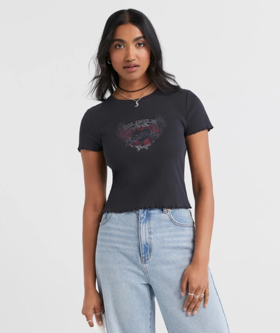 Sportsgirl Women's Slate Ribbed Baby Tee - Los Angeles Graphic Crop Top