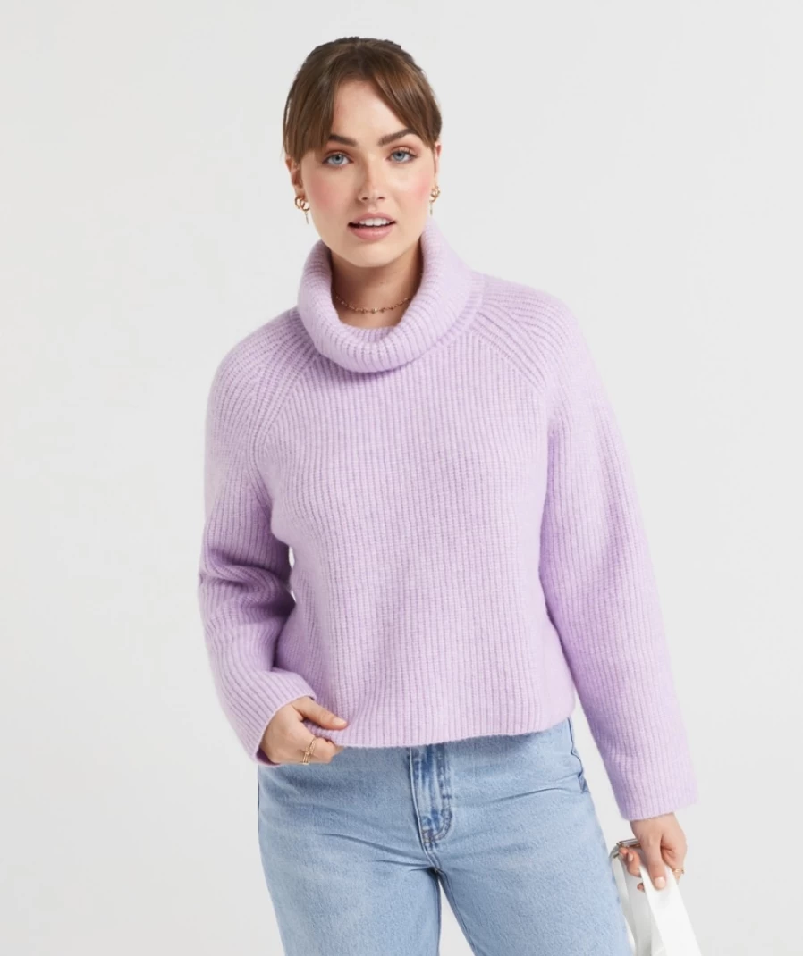 Sportsgirl Women's Lilac Turtle Neck Knit Sweater - Jamie Style Cozy Winter Pullover