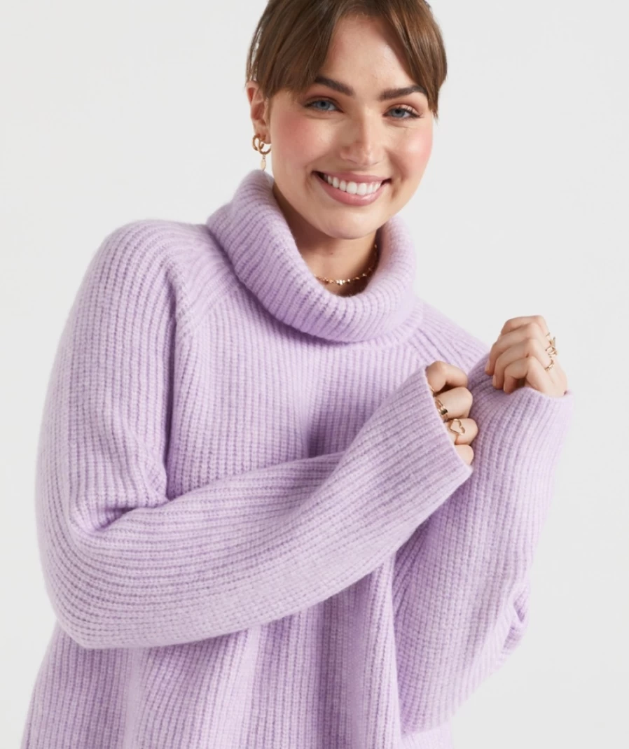 Sportsgirl Women's Lilac Turtle Neck Knit Sweater - Jamie Style Cozy Winter Pullover