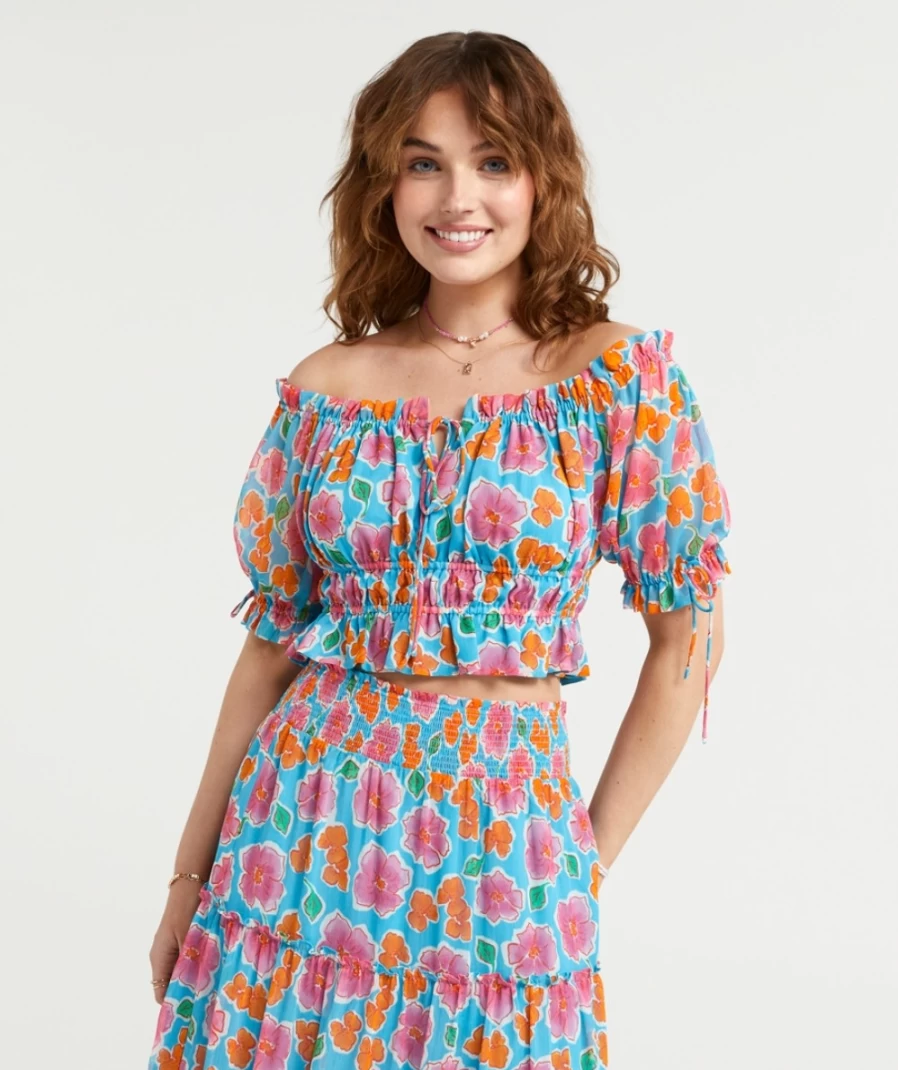 Sportsgirl Women's Blue Off Shoulder Top - Priscilla Casual Summer Blouse
