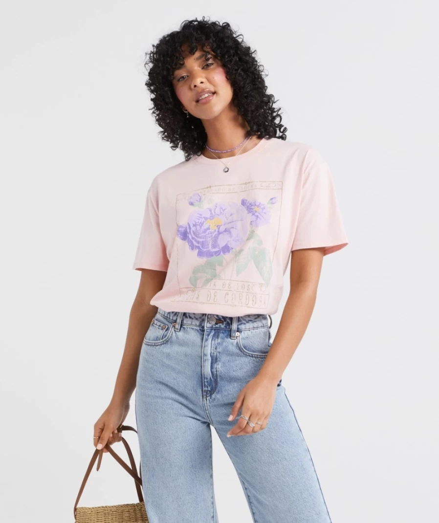 Women's Light Pink Vintage Floral Graphic Tee by Sportsgirl - Retro Flower Print T-Shirt