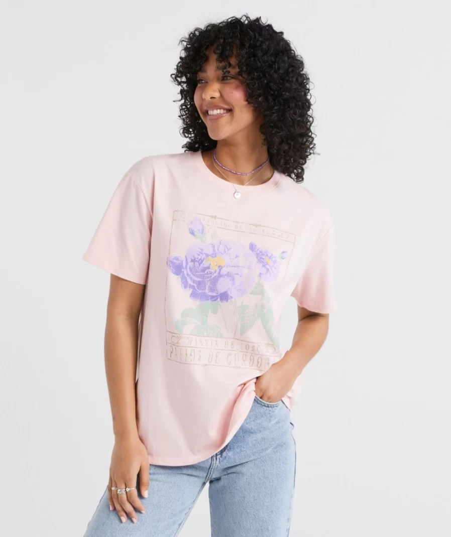 Women's Light Pink Vintage Floral Graphic Tee by Sportsgirl - Retro Flower Print T-Shirt