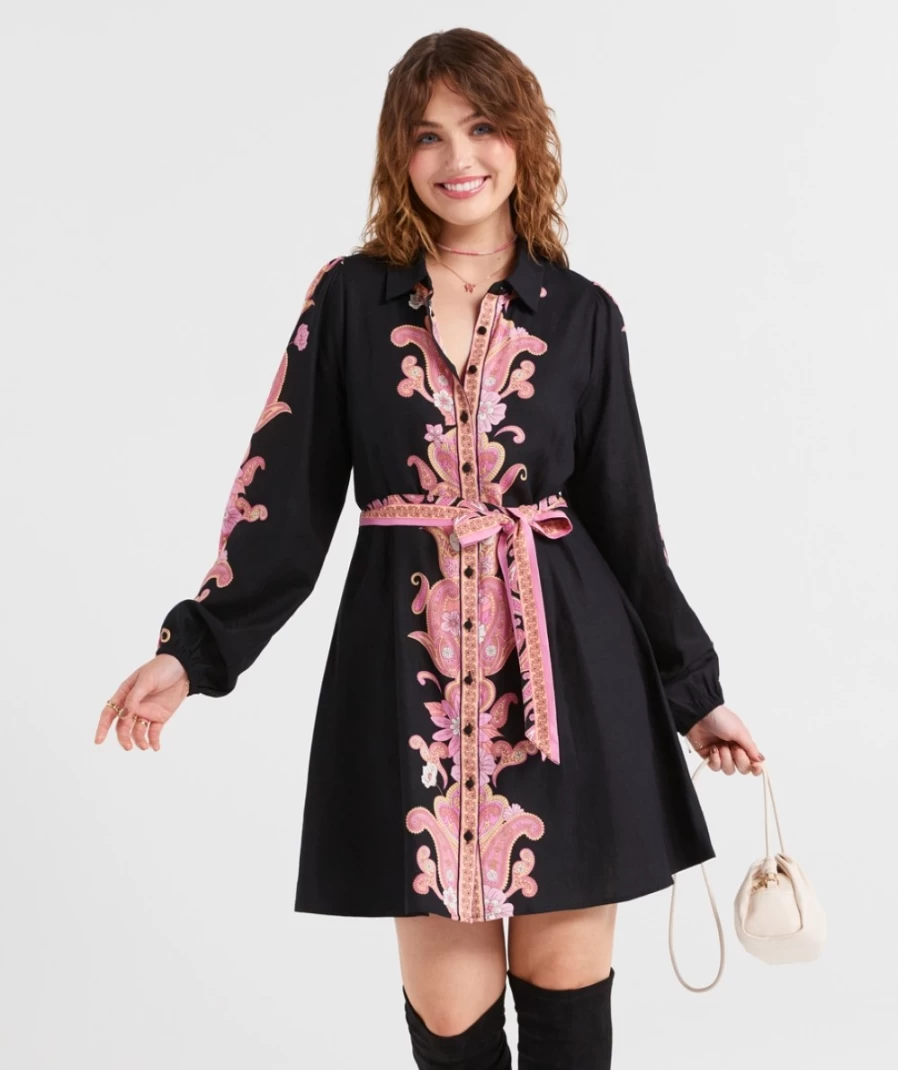 Sportsgirl Women's Black Floral Linen Blend Shirt Mini Dress