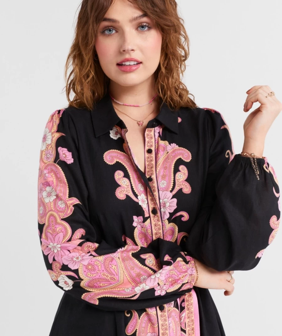 Sportsgirl Women's Black Floral Linen Blend Shirt Mini Dress