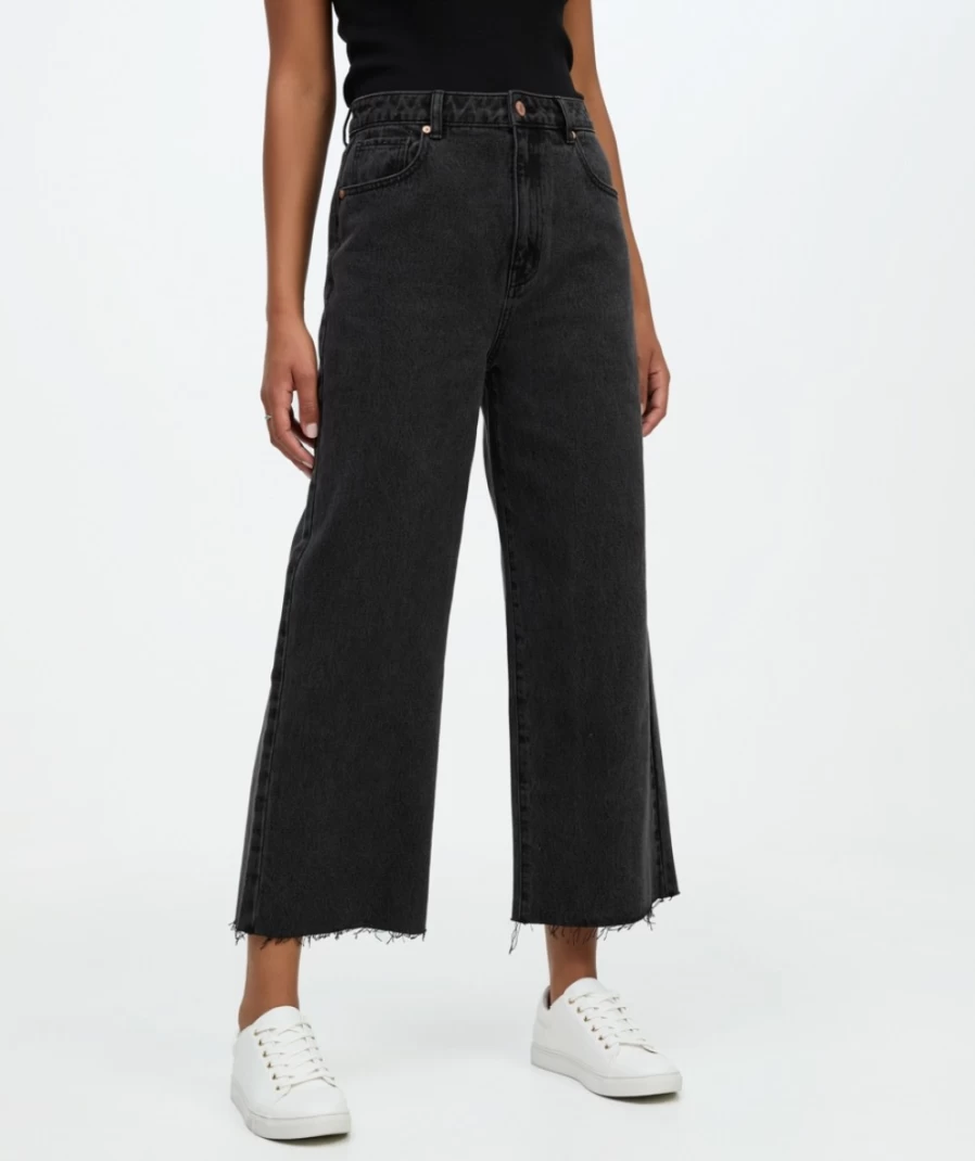Sportsgirl Women's Washed Black Culotte Jean - High Waist Wide Leg Denim Pants
