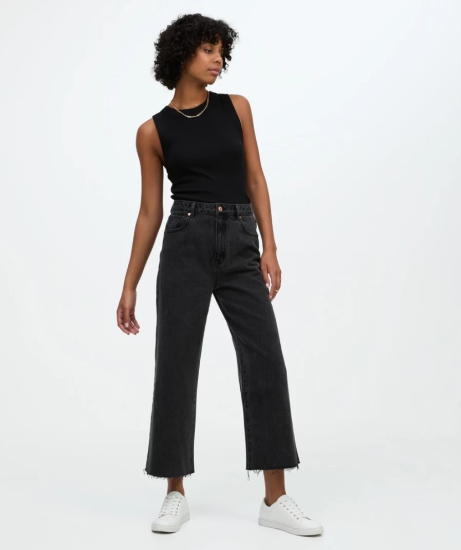Sportsgirl Women's Washed Black Culotte Jean - High Waist Wide Leg Denim Pants