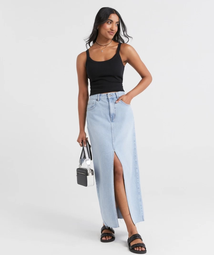 Sportsgirl Women's Washed Indigo Lori Denim Split Maxi Skirt - High Slit Denim Skirt for Women