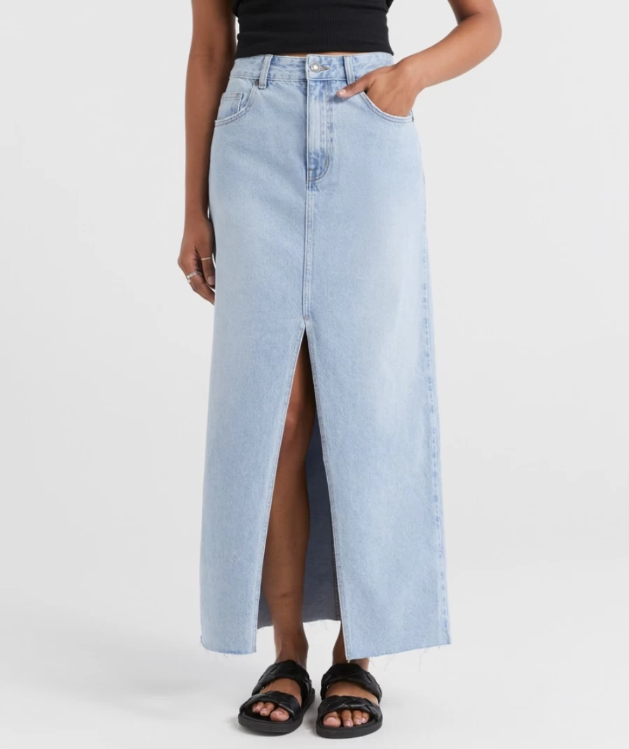 Sportsgirl Women's Washed Indigo Lori Denim Split Maxi Skirt - High Slit Denim Skirt for Women