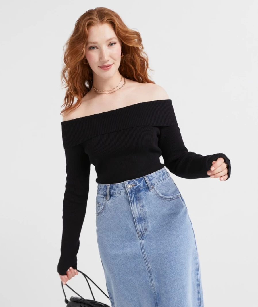 Sportsgirl Women's Black Off Shoulder Knit Sweater - Soft Casual Pullover Top