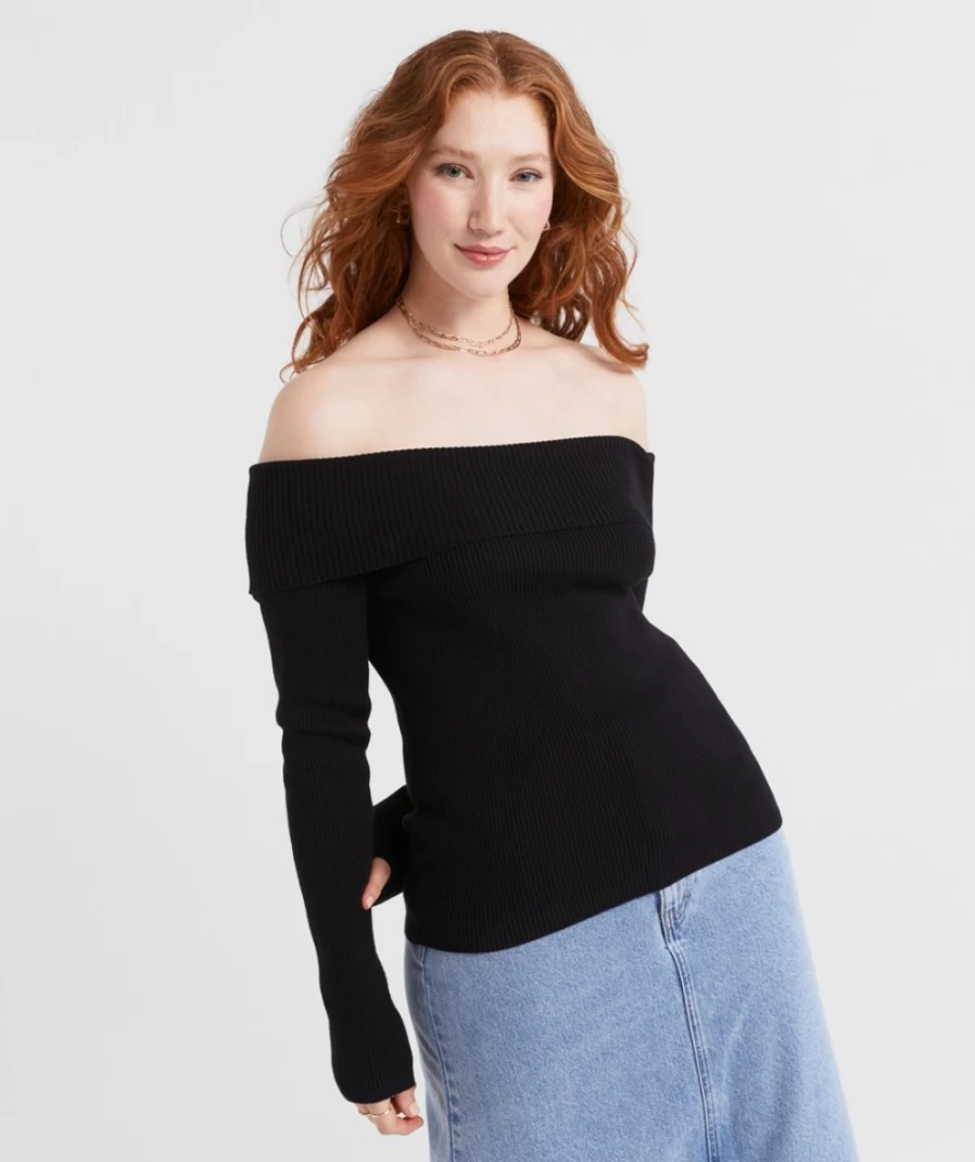 Sportsgirl Women's Black Off Shoulder Knit Sweater - Soft Casual Pullover Top