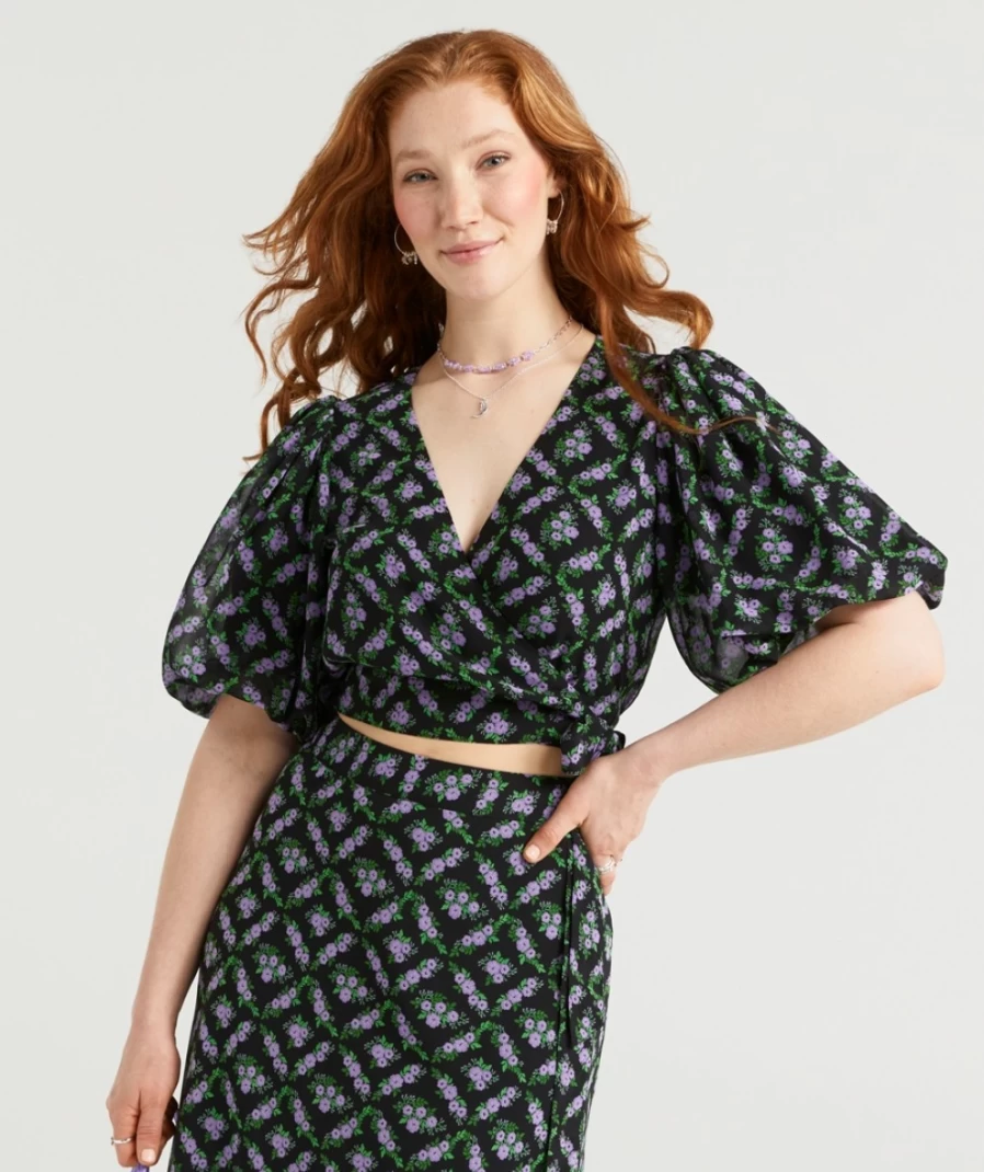 "Sportsgirl Women's Floral Aliyah Volume Sleeve Wrap Top"