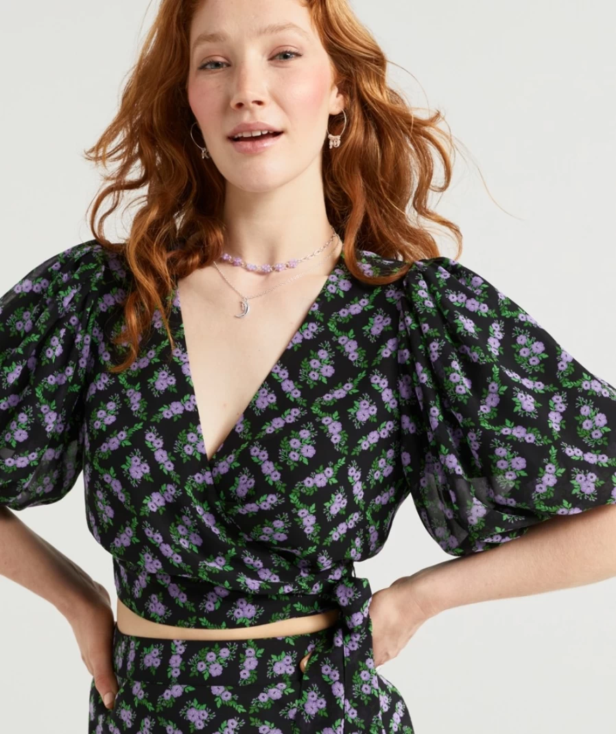 "Sportsgirl Women's Floral Aliyah Volume Sleeve Wrap Top"