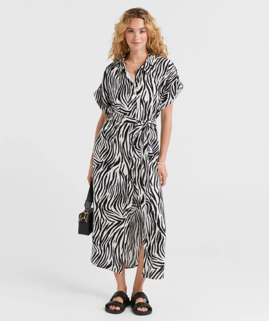 Sportsgirl Women's Zebra Print Linen Blend Midi Shirt Dress