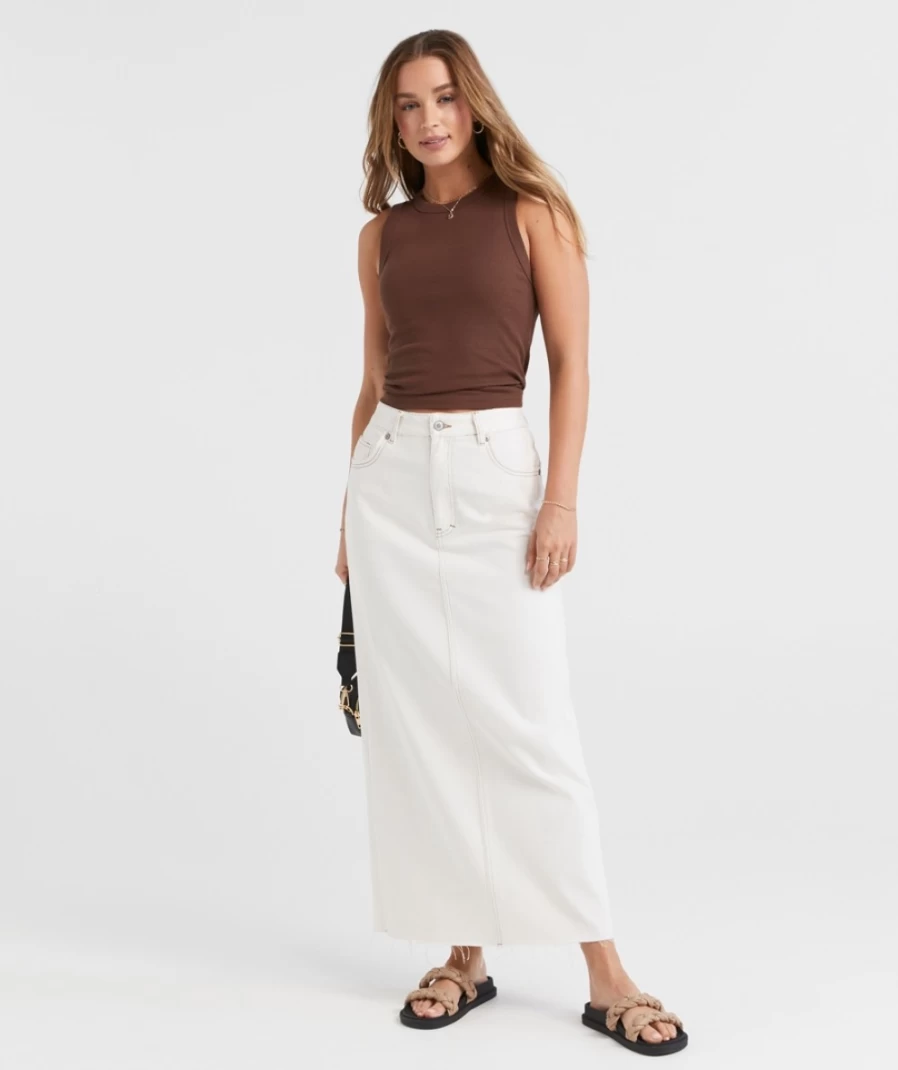 Sportsgirl Women's Bone Courtney Denim Maxi Skirt - Classic Long Denim Skirt for Women