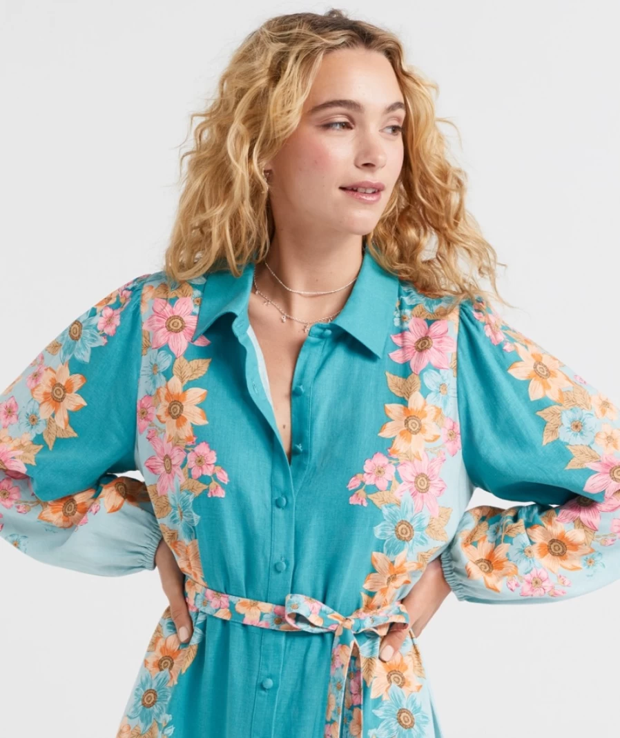 Sportsgirl Women's Teal Adelle Linen Blend Shirt Midi Dress