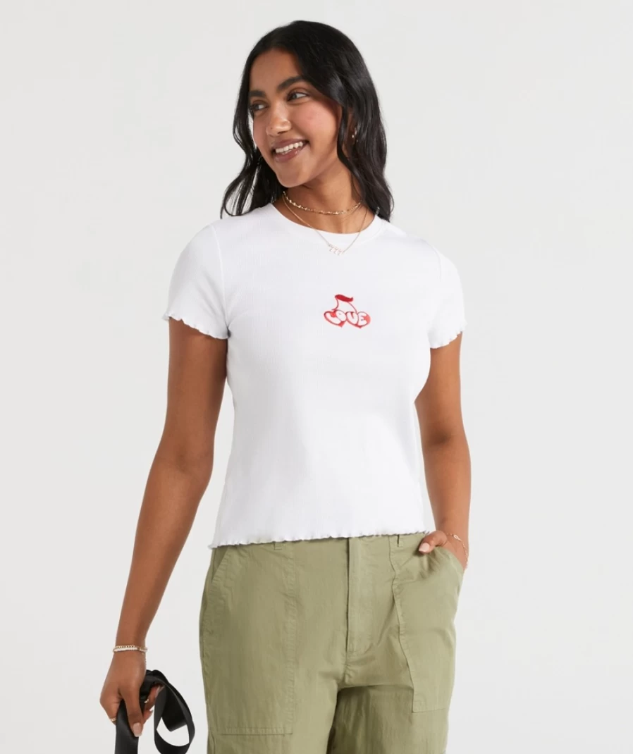 Sportsgirl Women's White Cherry Love Graphic Ribbed T-Shirt