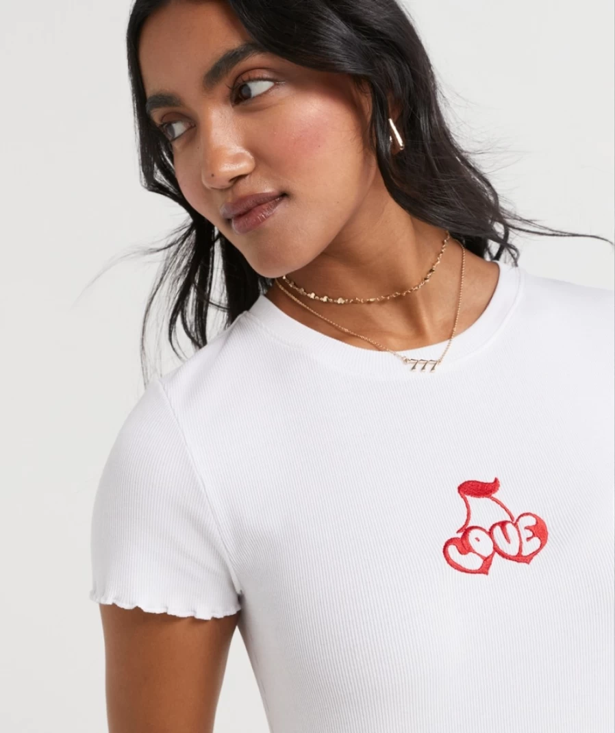 Sportsgirl Women's White Cherry Love Graphic Ribbed T-Shirt