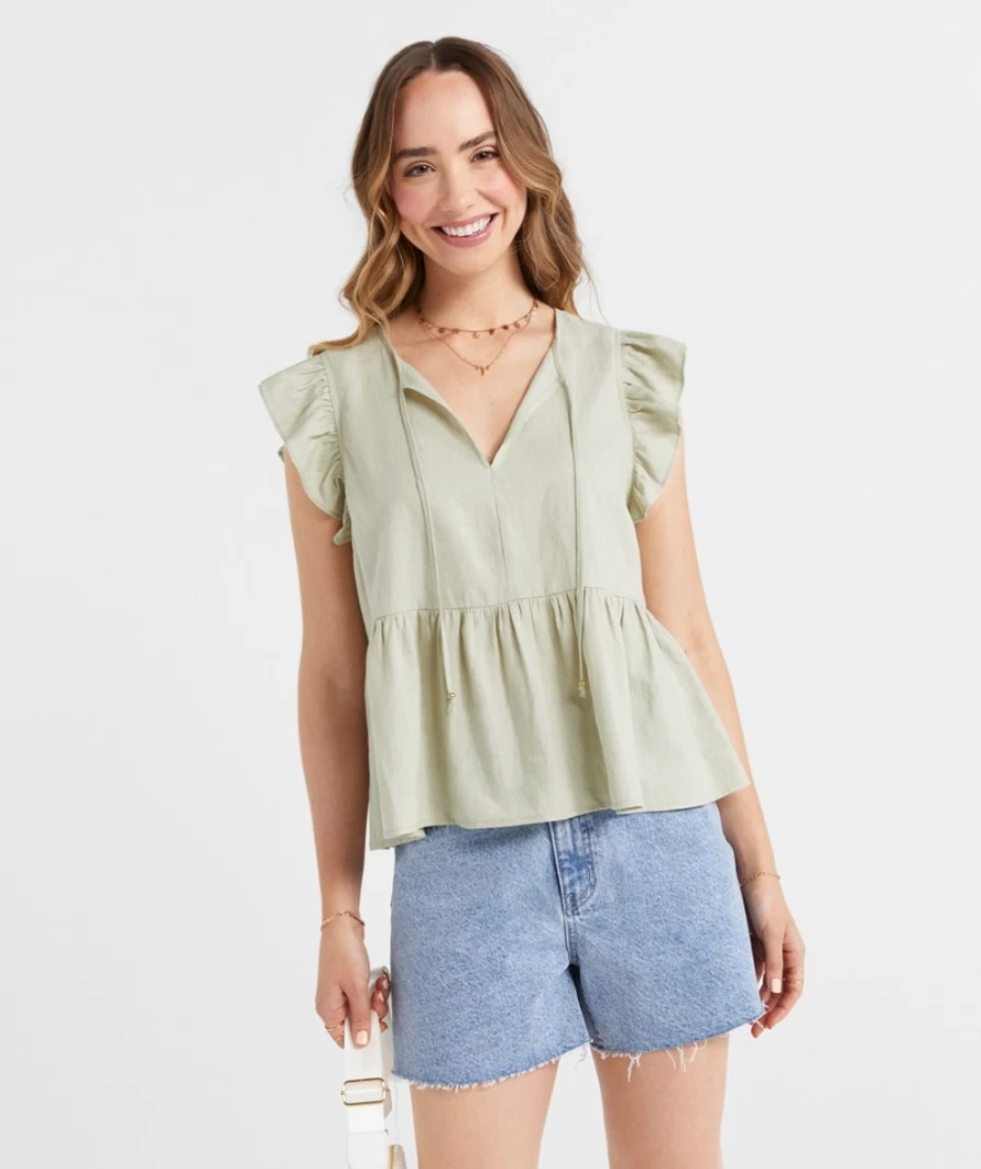 Sportsgirl Women's Pistachio Leya Short Sleeve Ruffle Blouse Top