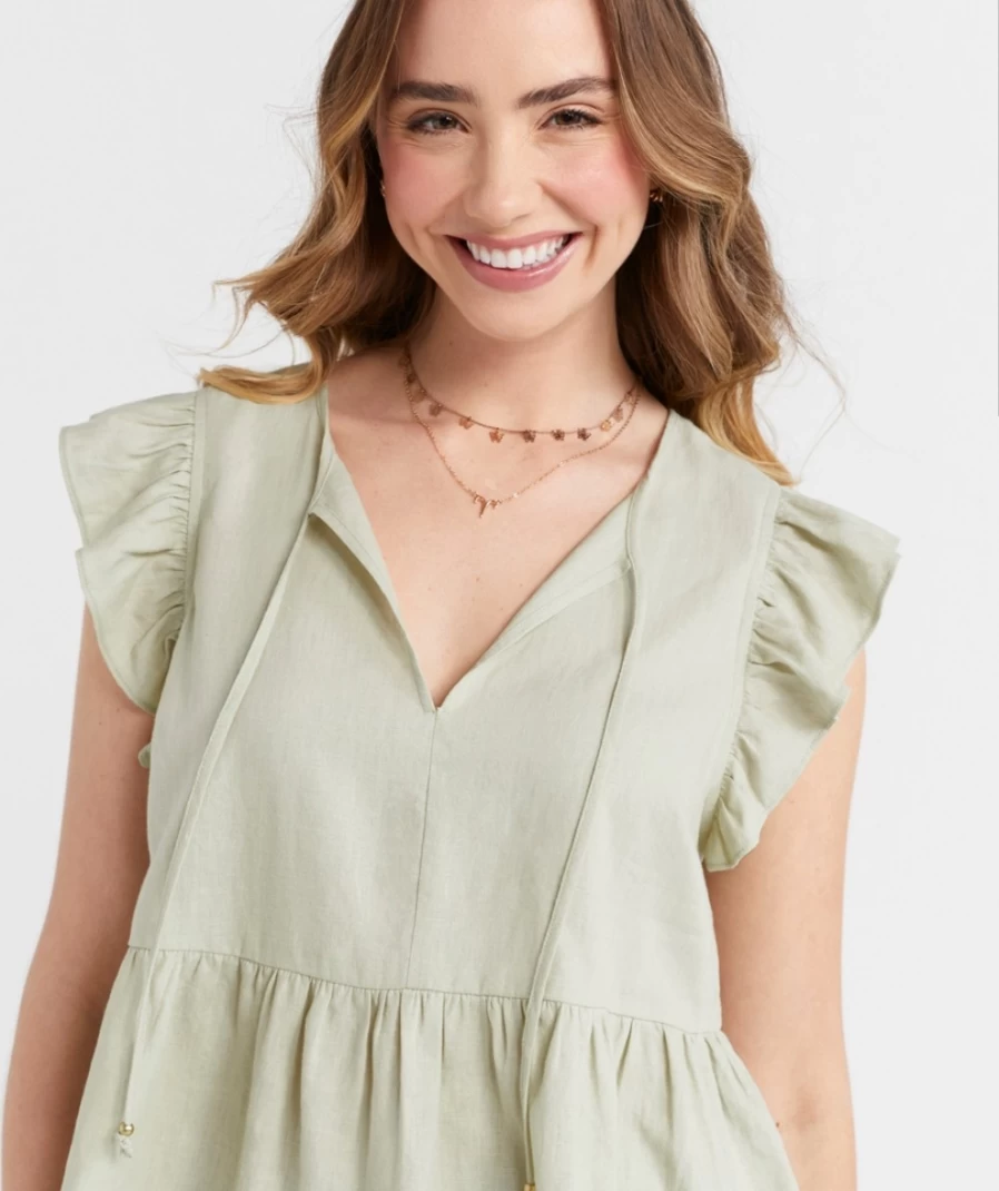 Sportsgirl Women's Pistachio Leya Short Sleeve Ruffle Blouse Top
