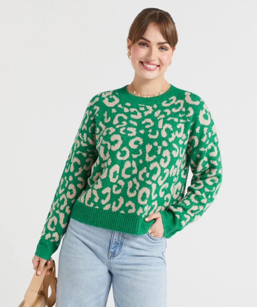 "Sportsgirl Women's Animal Print Leopard Jacquard Knit Sweater"