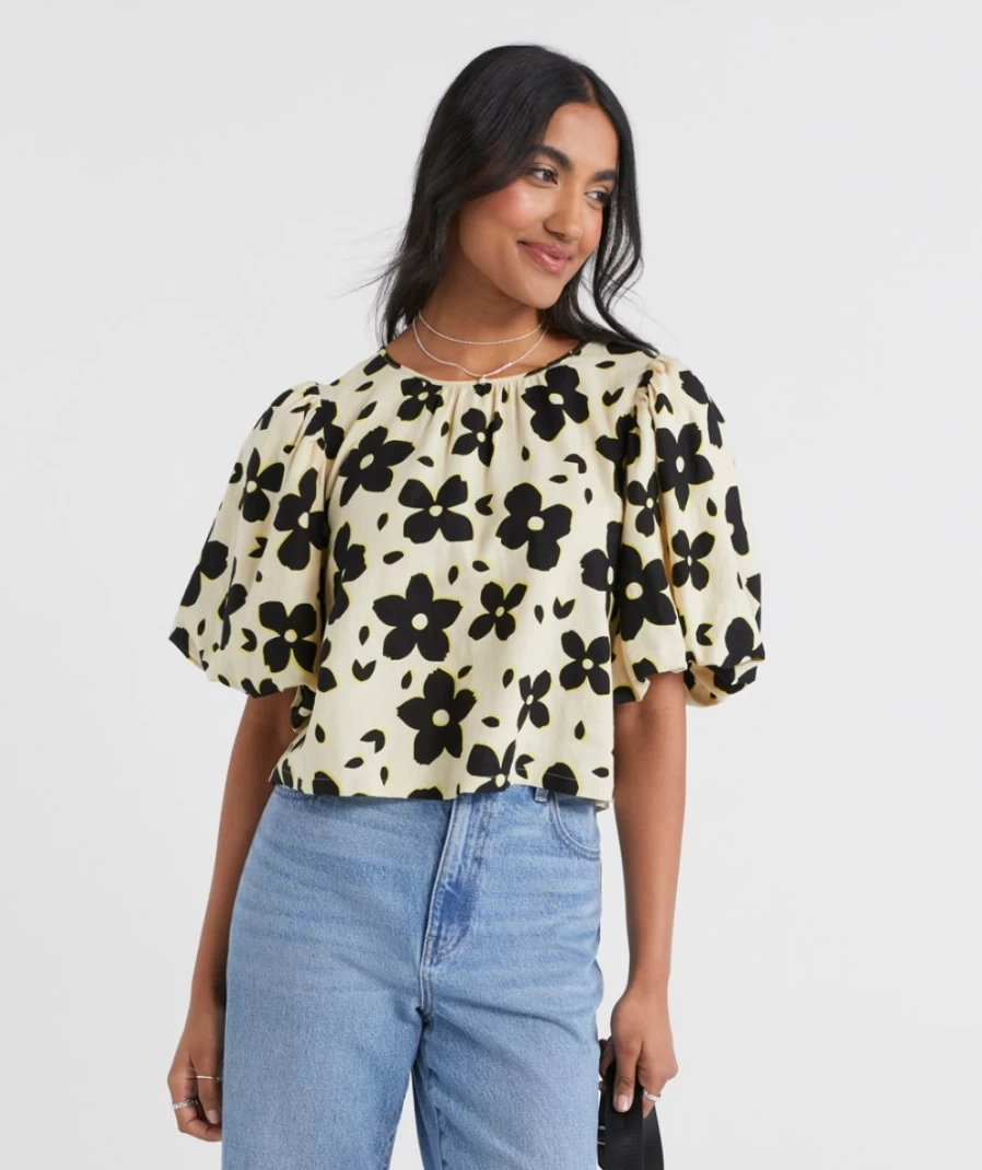 Sportsgirl Women's Floral Linen Blend Volume Sleeve Top