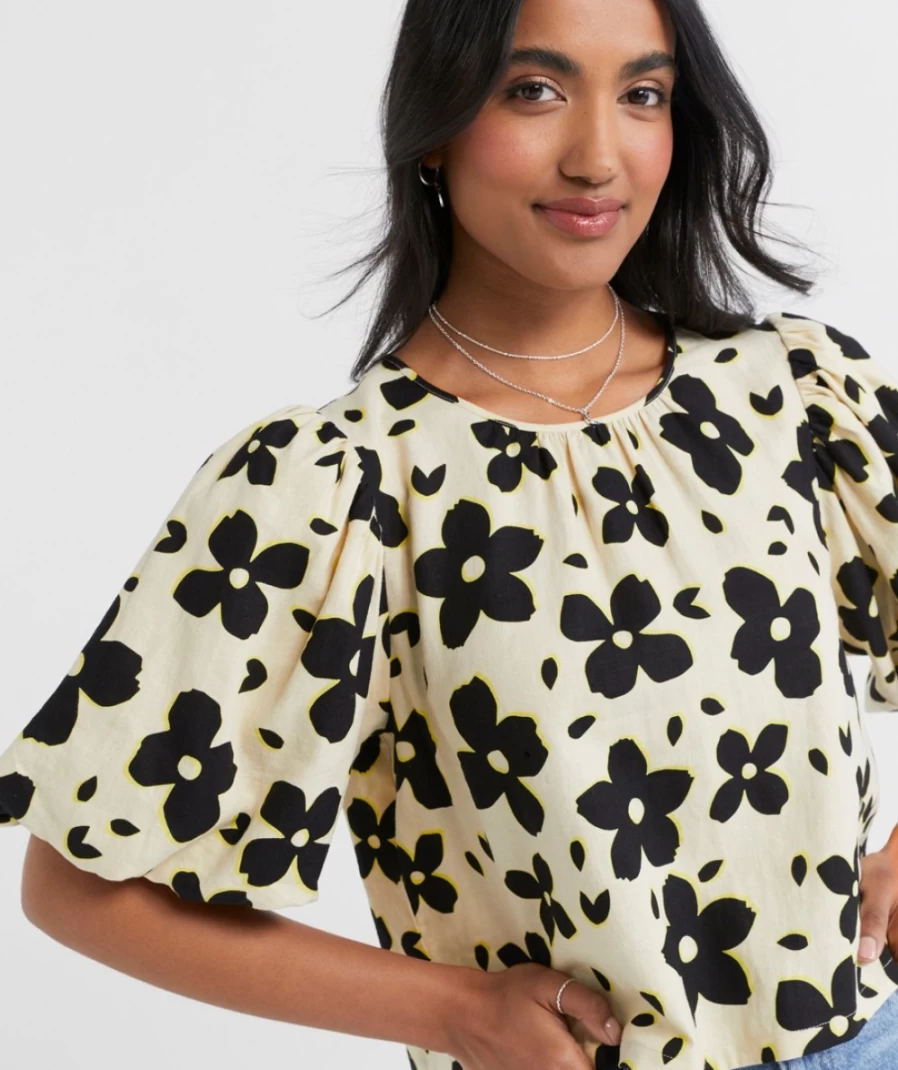 Sportsgirl Women's Floral Linen Blend Volume Sleeve Top