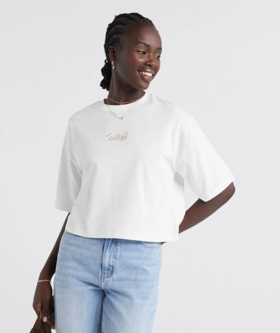 Sportsgirl Women's Rewind Boxy Logo T-Shirt - Casual Comfort Fit Tee