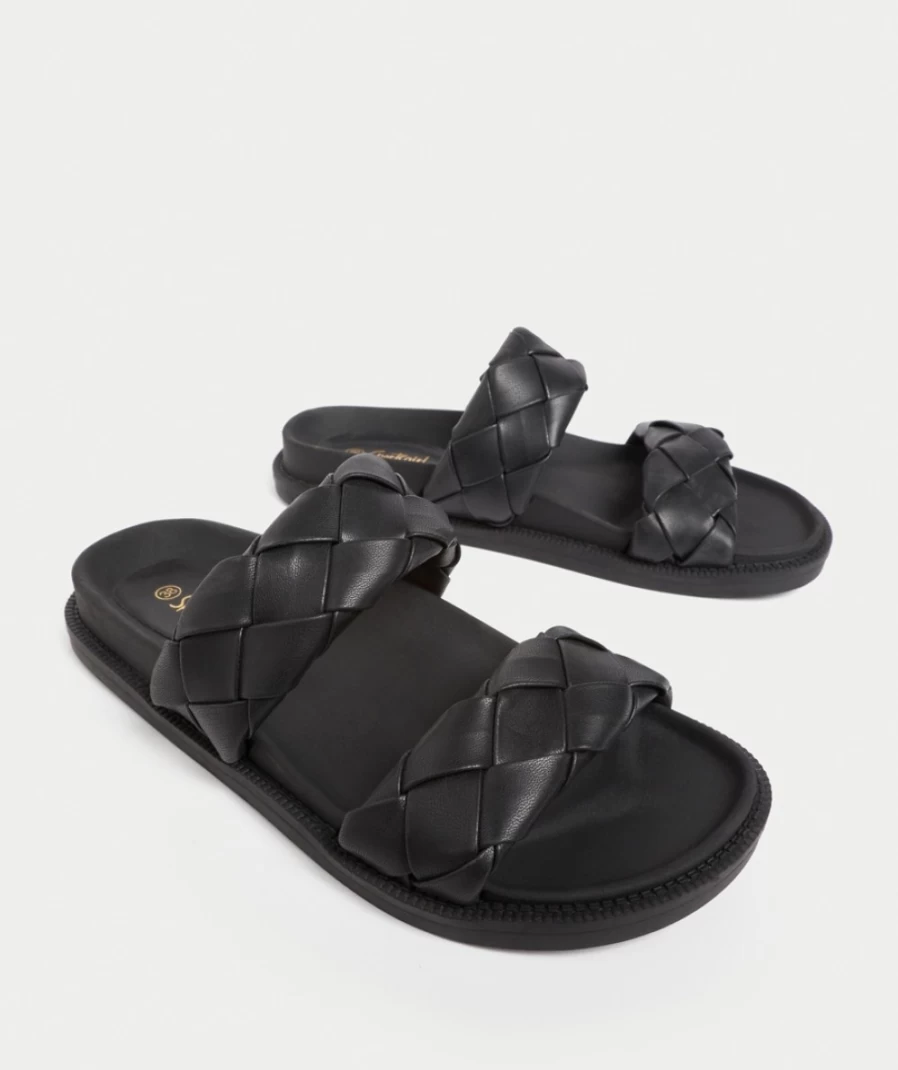 Sportsgirl Women's Black Woven Slide Sandals - Parker Style Comfort Footwear