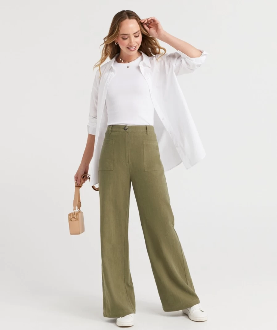 Sportsgirl Women's Olive Textured Patch Pocket Pants - Cooper Style High Waist Trousers