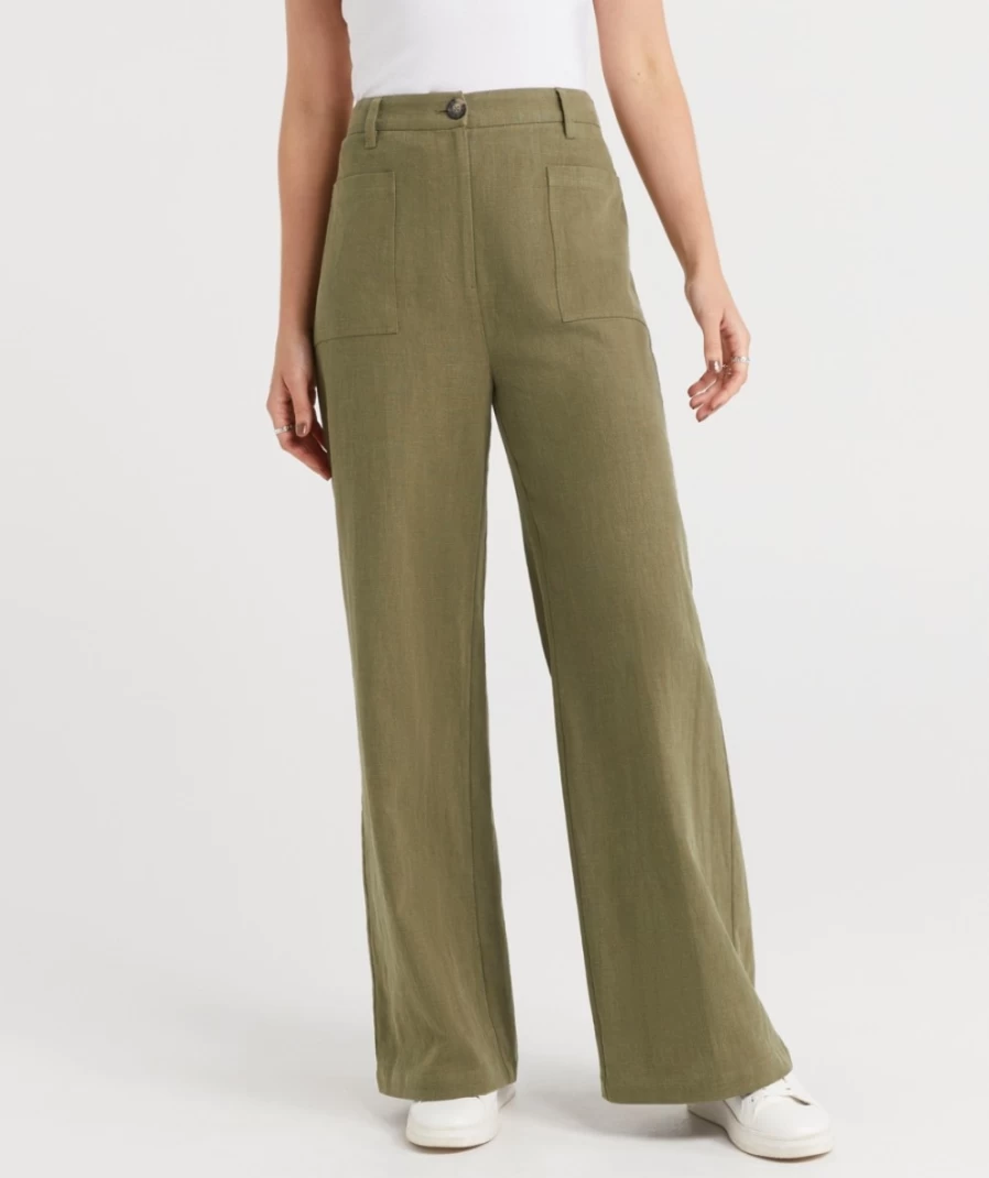 Sportsgirl Women's Olive Textured Patch Pocket Pants - Cooper Style High Waist Trousers