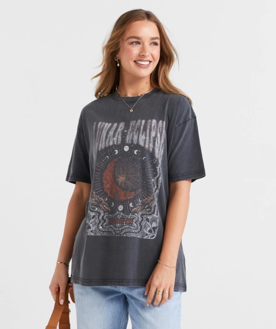 "Sportsgirl Women's Grey Cosmic Oversized Graphic T-Shirt"